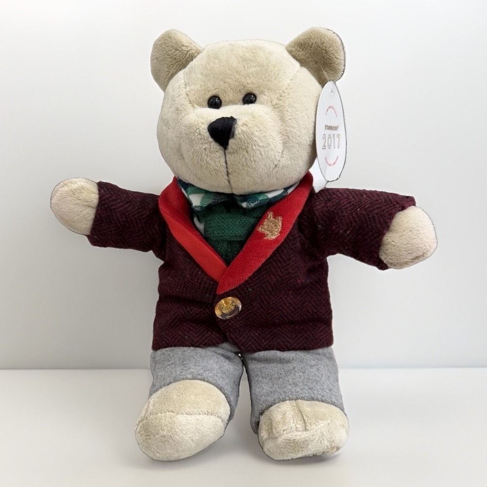 Starbucks Teddy Bear Plush Limited Edition 2017 Tweed Coat Green Tie Holiday NWT